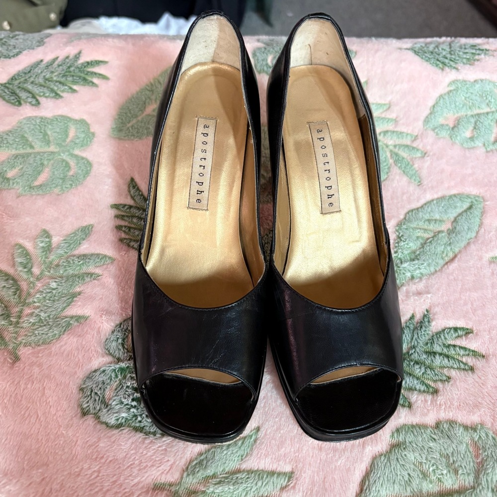 Leather Peep‎ Toe Heels Black Block Heel Pumps Ladies Size 6M